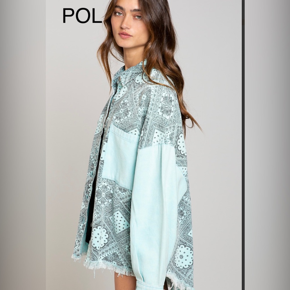 BPB24💙NEW! POL pretty mint+ blue+black paisley jacket w/solid details!💙 - Picture 3 of 10